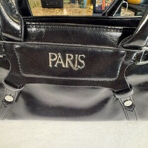PARIS Black Patent Handbag Satchel Purse Silver Hardware Pink Lining Y2K